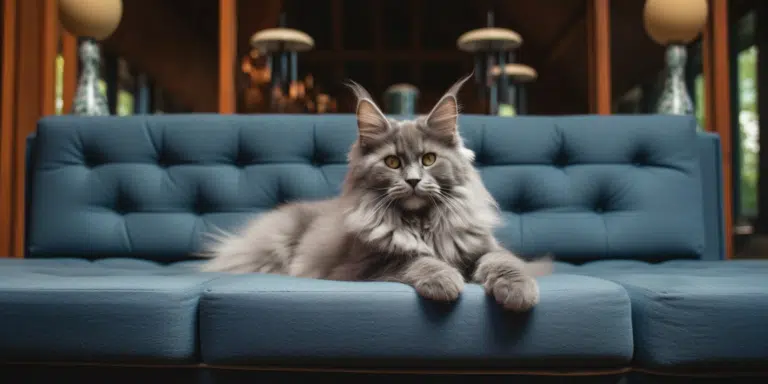 Fluffy blue Maine Coon lying on Sofa