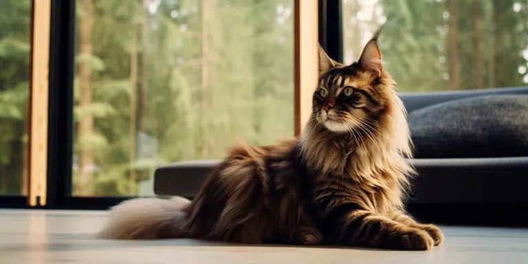 Fluffy brown Maine coon sitting gracefully