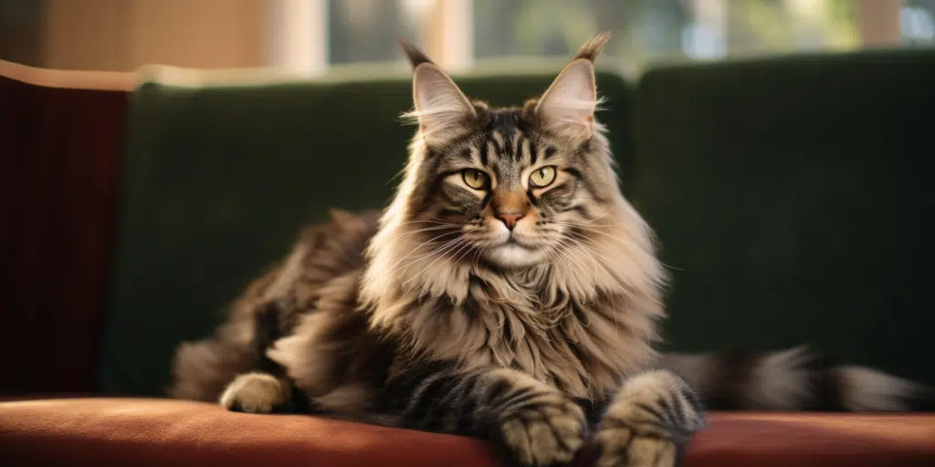 Fluffy tabby Maine Coon about to groom its fur