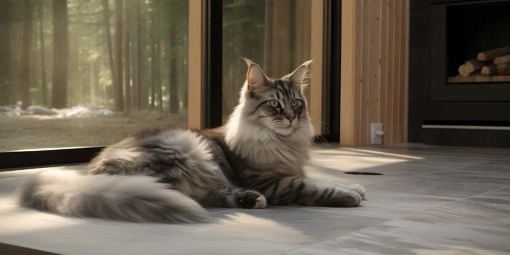 Large Silver Maine Coon cat sitting calmly
