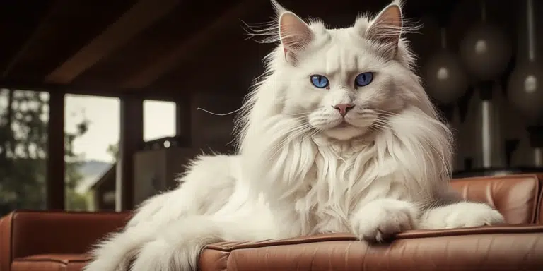 Large White Maine Coon sitting gracefully on brown leather sofa