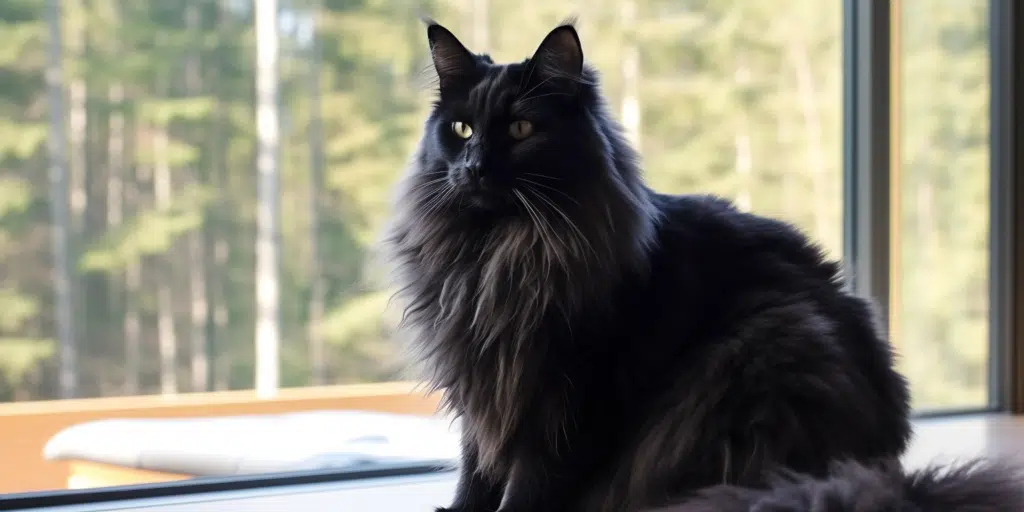 Long-haired black Maine Coon cat relaxing