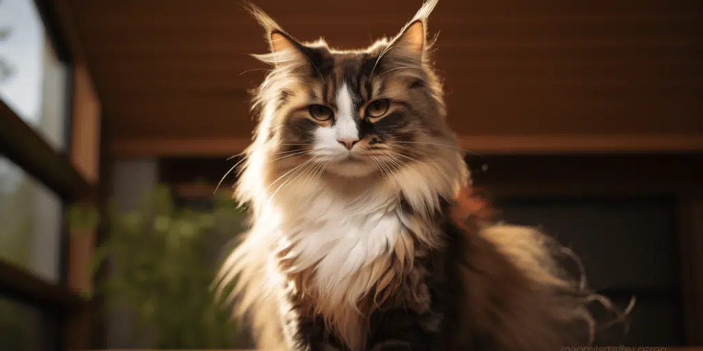 Maine Coon with distinctive calico fur pattern