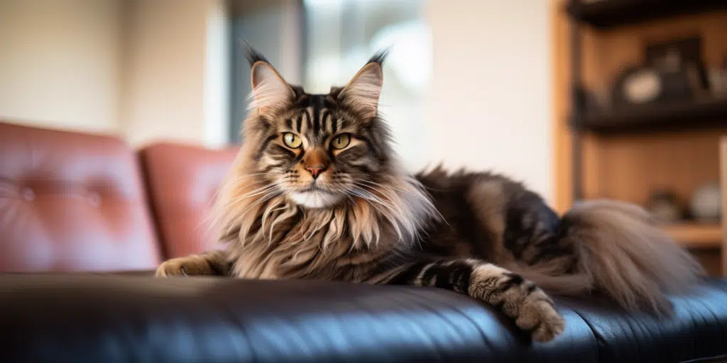 Majestic tabby Maine Coon portrait with a serious look