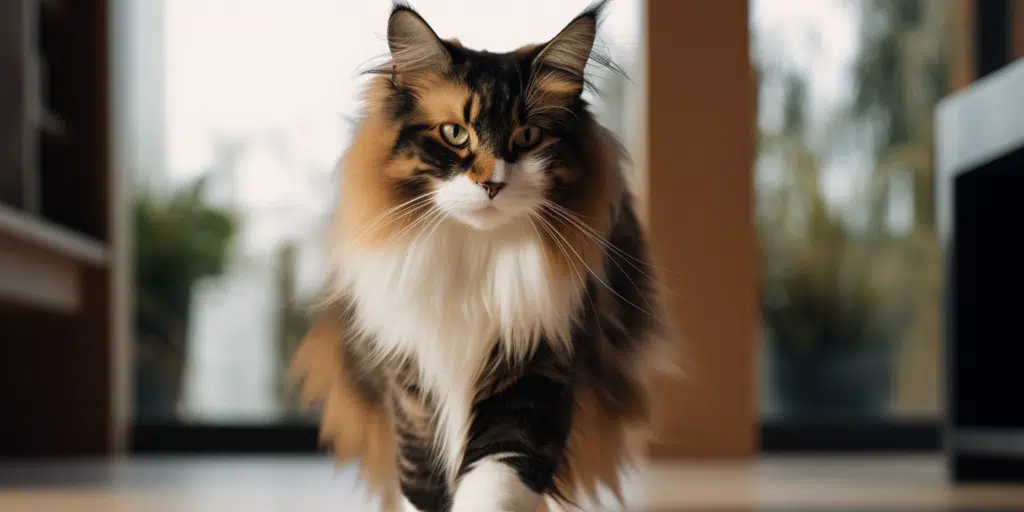Purebred Calico Maine Coon cat looking majestic