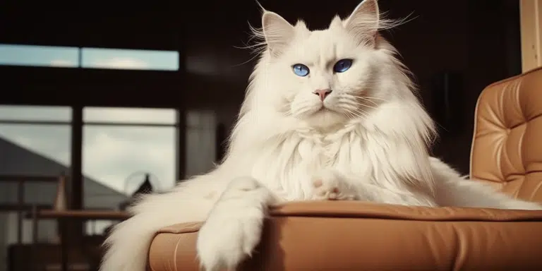 Portrait of blue-eyed White Maine Coon sitting on the sofa