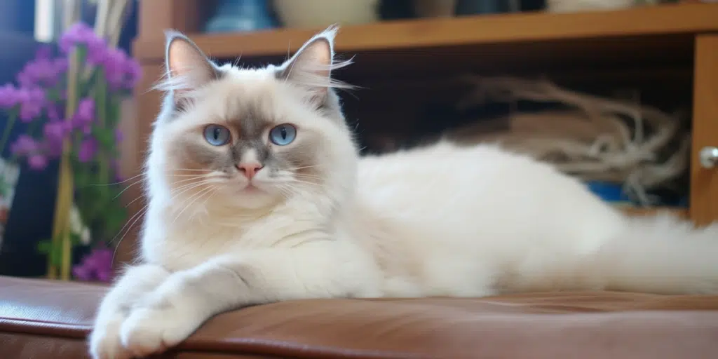 Beautiful female Ragdoll cat with lilac points lounging on a rug