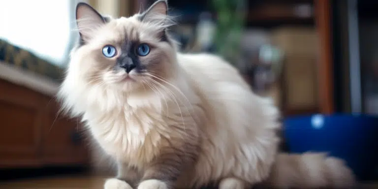 Fluffy blue mitted Ragdoll cat striking a pose