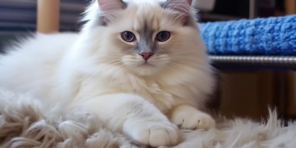 Fluffy Lilac Ragdoll kitten looking incredibly cute while laying down on a fluffy carpet