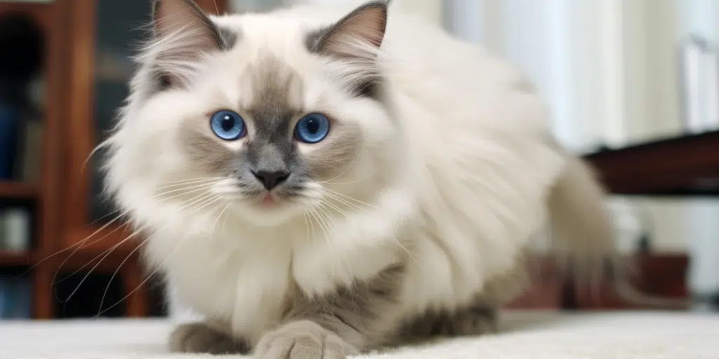 Fluffy Ragdoll kitten with striking blue point fur