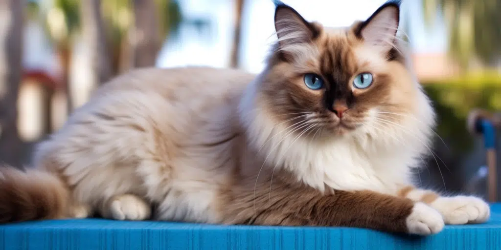Fluffy Seal Mitted Ragdoll laying on blue table looking at the camera man
