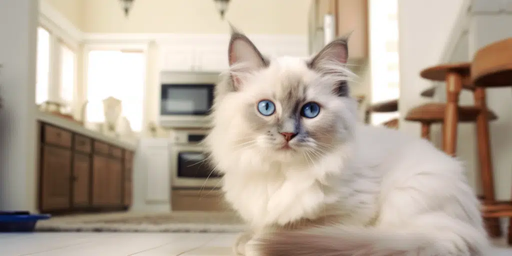 Stunning Lilac Ragdoll cat showcasing deep blue eyes near kitchen
