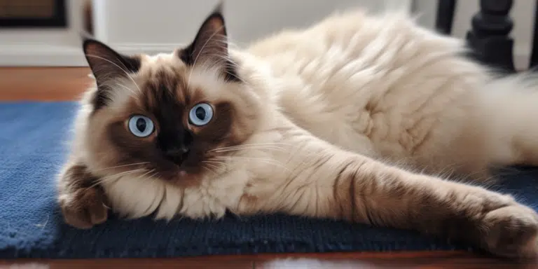 Male chocolate Ragdoll gazing towards the camera