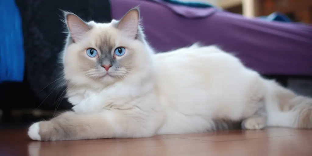 Mature Lilac Point Ragdoll lounging indoors with peaceful demeanor