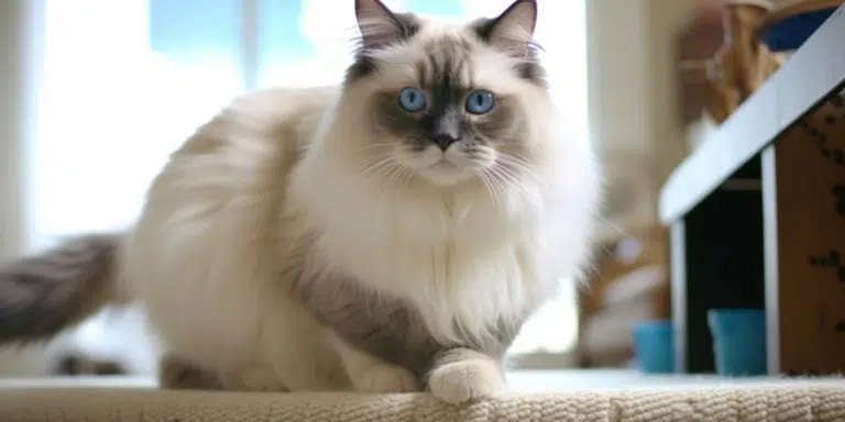 Playful blue mitted Ragdoll enjoying indoor activities