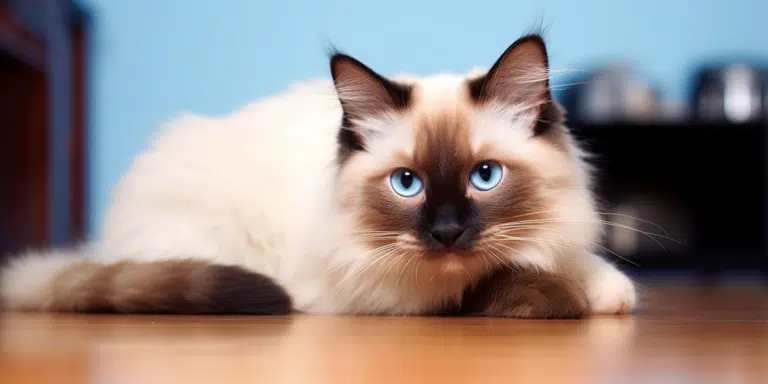 Chocolate point Ragdoll kitten laying down on the wooden floor