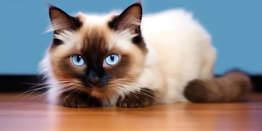 closeup image of a Chocolate point Ragdoll kitten sitting on the wooden floor